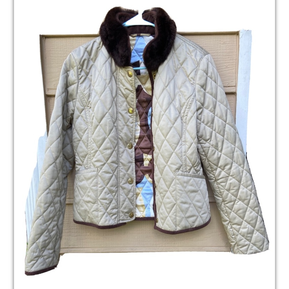 Coach Quilted beige/tan jacket with fur collar.